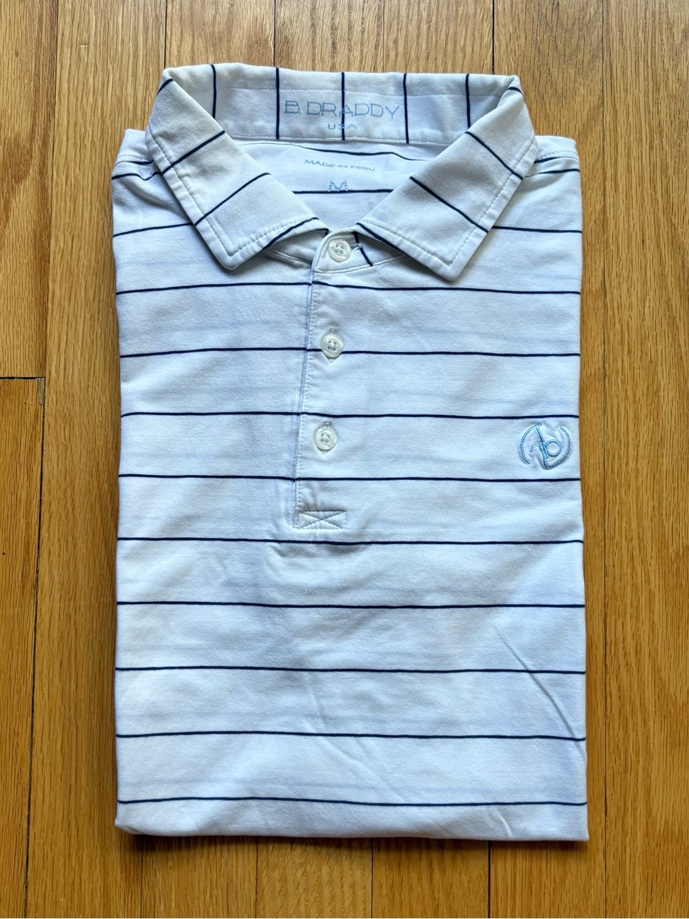 B. Draddy Men’s Short Sleeve Polo Shirt Medium White Blue Stripes